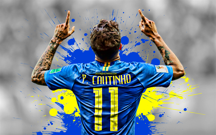 4k, Coutinho, sininen ja keltainen tahra, takaisin n&#228;kym&#228;, Brasilian Maajoukkueen, sininen kivi, Philippe Coutinho, jalkapallo, jalkapalloilijat, jalkapallo t&#228;hte&#228;, grunge, sininen yhten&#228;inen, Brasilian jalkapallojoukkue