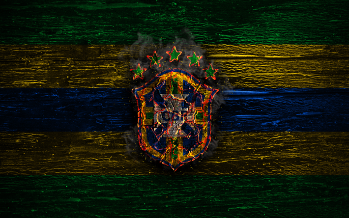 Brasile squadra nazionale di calcio, fuoco, logo, bandiera, colori, Sud America, di legno, texture, il calcio, il Brasile, Sud Americana, squadra nazionale, squadra di calcio Brasiliana