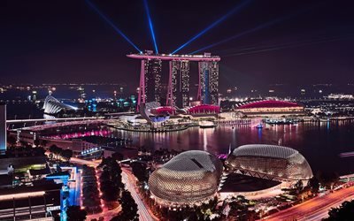 Marina Bay Sands, Singapur, gece, parlak ışıklar, şehir, metropollerden, Asya