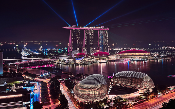 O Marina Bay Sands, Singapura, noite, luzes brilhantes, paisagem urbana, megal&#243;poles, &#193;sia