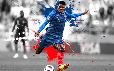 Paul Pogba, 4k, Ranskalainen jalkapalloilija, Ranskan jalkapallomaajoukkue, keskikentt&#228;pelaaja, punainen-valkoinen-sininen maali roiskeet, luova lippu Ranska, creative art, Ranska, jalkapallo, grunge art