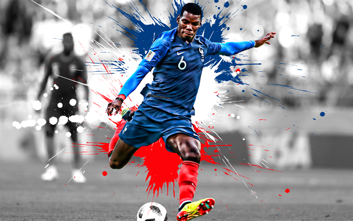 Paul Pogba, 4k, footballeur fran&#231;ais, les fran&#231;ais de l&#39;&#233;quipe nationale de football, le milieu de terrain, rouge-blanc-bleu &#233;claboussures de peinture, cr&#233;atif drapeau de la France, art cr&#233;atif, en France, le football, le