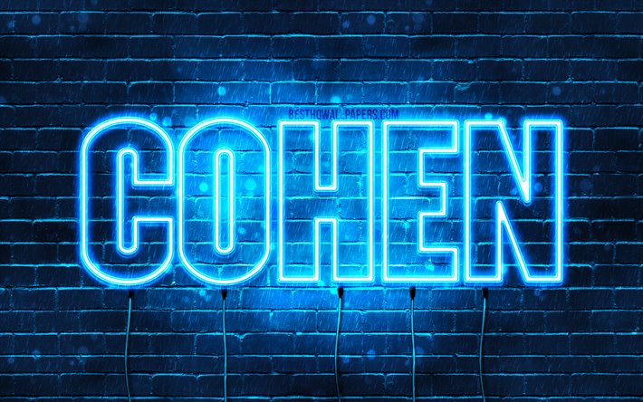 Cohen, 4k, 壁紙名, テキストの水平, Cohen氏名, 青色のネオン, 写真とCohen氏名