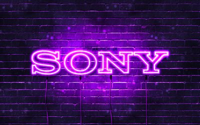 Sony viola logo, 4k, viola, brickwall, logo Sony, marche, Sony neon logo Sony
