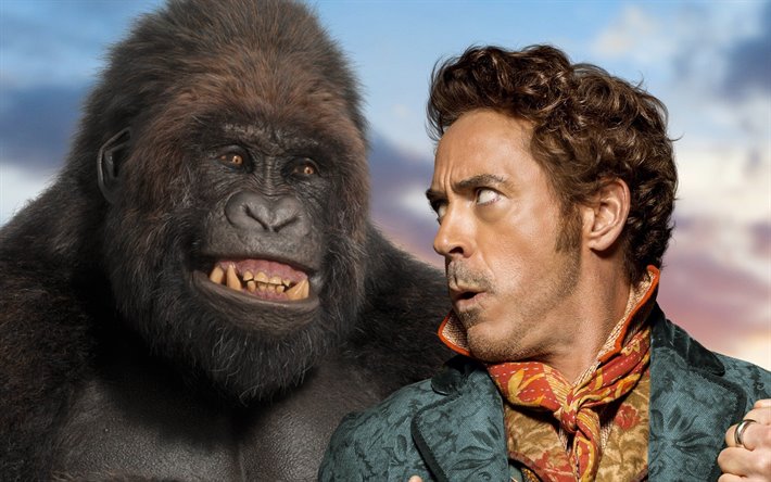 Dolittle, 2020, poster, promotional materials, Robert Downey Jr, gorilla, main characters