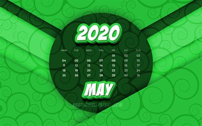 Maggio 2020 Calendario, 4k, fumetti, arte 3D, 2020 calendario, la primavera calendari, Maggio 2020, creative, motivi floreali, Maggio 2020 calendario con ornamenti, Calendario Maggio 2020, sfondo verde, 2020 calendari
