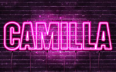 Camilla, 4k, fondos de pantalla con los nombres, los nombres femeninos, Camilla nombre, p&#250;rpura luces de ne&#243;n, el texto horizontal, imagen con Camilla nombre