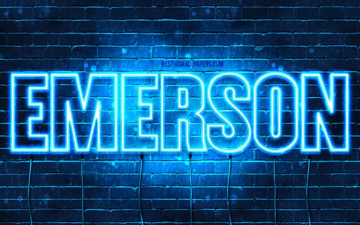 Emerson, 4k, taustakuvia nimet, vaakasuuntainen teksti, Emerson nimi, blue neon valot, kuva Emerson nimi