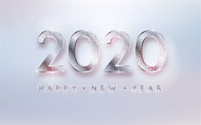 Happy New Year 2020, white background, glass letters, 2020 concepts, 2020 New Year, 2020 white background