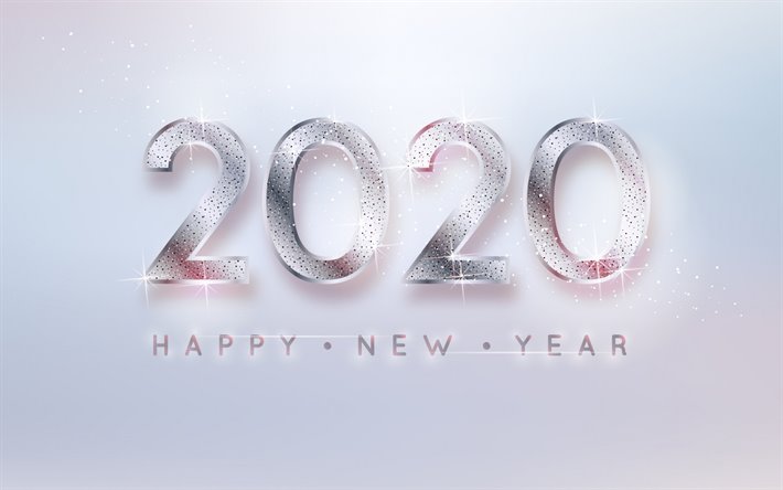 Happy New Year 2020, white background, glass letters, 2020 concepts, 2020 New Year, 2020 white background