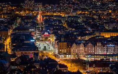 Bergen, la tarde, la noche, las calles, los edificios, el paisaje de la ciudad de Bergen, Noruega