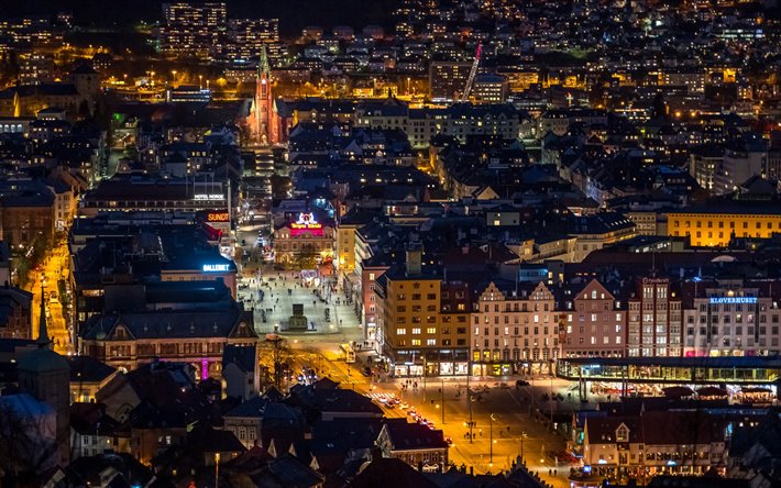 Bergen, illalla, y&#246;, kaduilla, rakennukset, Bergen kaupunkikuvaan, Norja