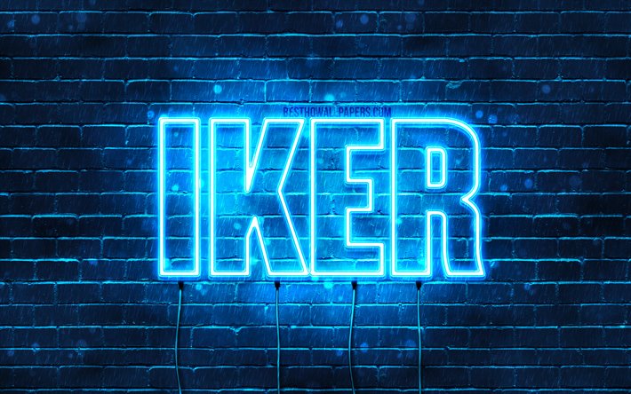 Iker, 4k, fondos de pantalla con los nombres, el texto horizontal, Iker nombre, luces azules de ne&#243;n, foto con Iker nombre