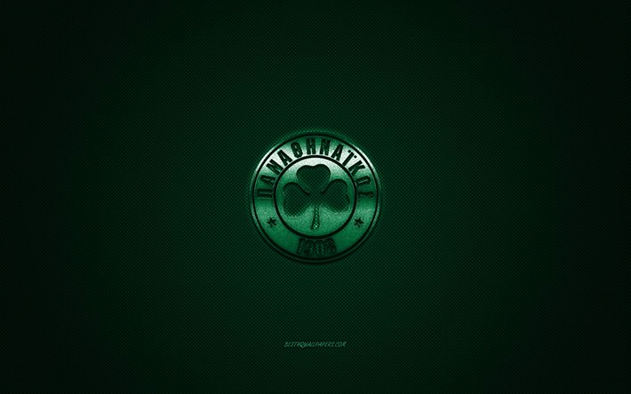 Panathinaikos FC, Greek football club, Super League Greece, green logo, green carbon fiber background, football, Athens, Greece, Panathinaikos FC logo