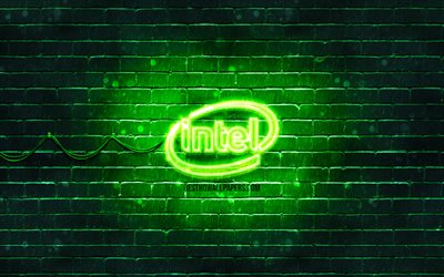 Intel green logo, 4k, green brickwall, Intel logo, brands, Intel neon logo, Intel