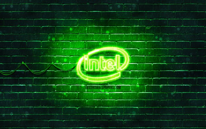 Intel yeşil logo, 4k, yeşil brickwall, Intel logosu, marka, neon Intel logosu, Intel