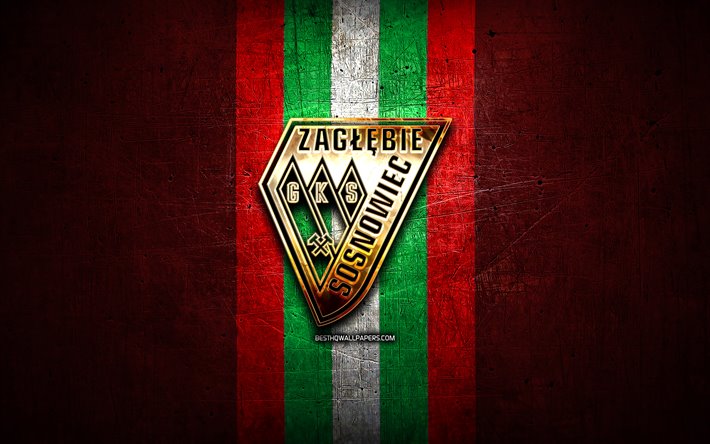 Zaglebie Sosnowiec FC, golden logo, Ekstraklasa, red metal background, football, Zaglebie Sosnowiec, polish football club, Zaglebie Sosnowiec logo, soccer, Poland