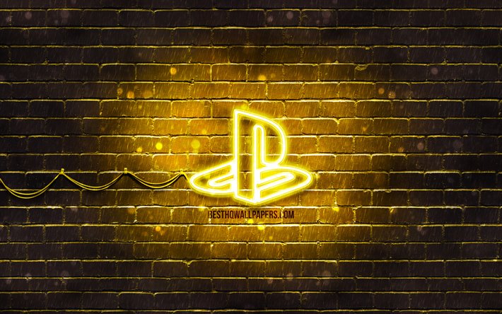 PlayStation gul logotyp, 4k, gul brickwall, PlayStation logotyp, varum&#228;rken, PlayStation neon logotyp, PlayStation