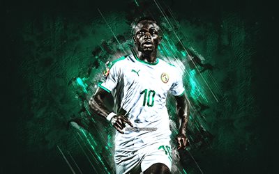 Sadio Manen, Senegal Landslaget, portr&#228;tt, Senegalesiska fotbollsspelare, Senegal, gr&#246;n sten bakgrund
