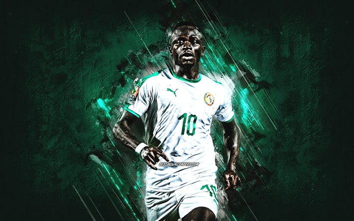 Sadio Mane, Senegal Equipo de F&#250;tbol Nacional, retrato, Senegaleses jugador de f&#250;tbol, Senegal, piedra verde de fondo