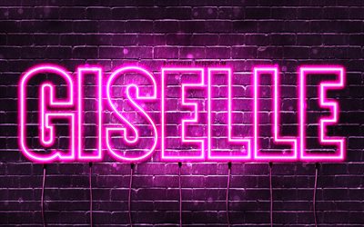 Giselle, 4k, pap&#233;is de parede com os nomes de, nomes femininos, Giselle nome, roxo luzes de neon, texto horizontal, imagem com Giselle nome