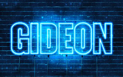 Gide&#227;o, 4k, pap&#233;is de parede com os nomes de, texto horizontal, Gideon nome, luzes de neon azuis, imagem com o nome de Gide&#227;o