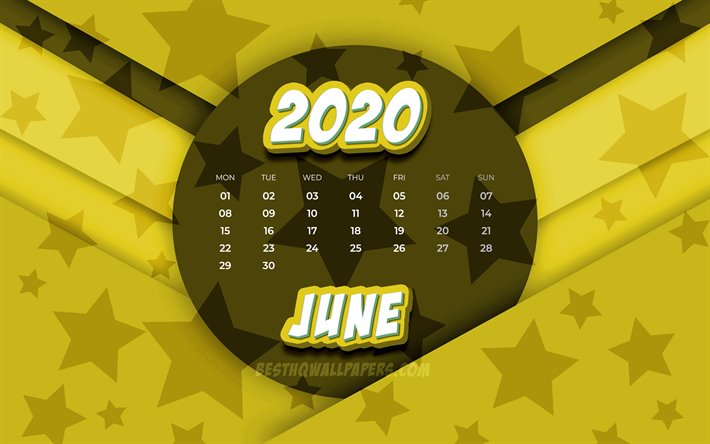 De junio de 2020 Calendario, 4k, comic 3D arte, 2020 calendario de verano, calendarios, junio de 2020, creativo, estrellas patrones de junio de 2020 calendario con las estrellas, el Calendario de junio de 2020, fondo amarillo, 2020 calendarios