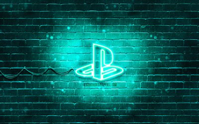 PlayStation turquoise logo, 4k, turquoise brickwall, PlayStation logo, marques, PlayStation n&#233;on logo PlayStation