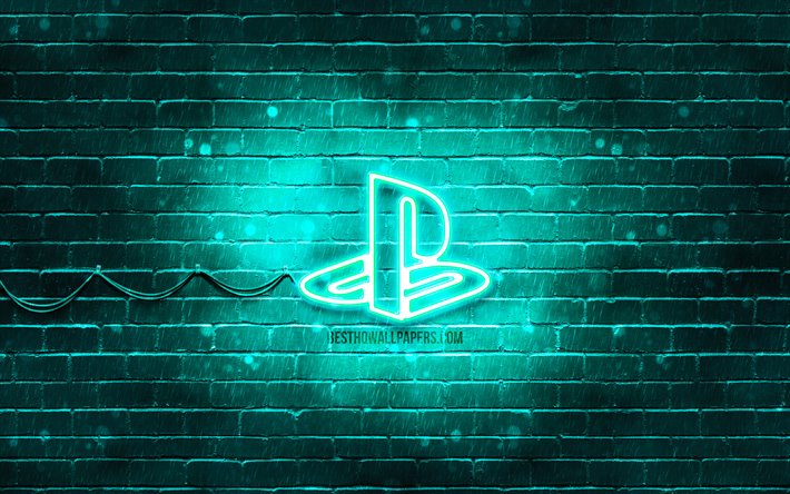 PlayStation turchese logo, 4k, turchese, brickwall, PlayStation logo, marchi, PlayStation neon logo, PlayStation
