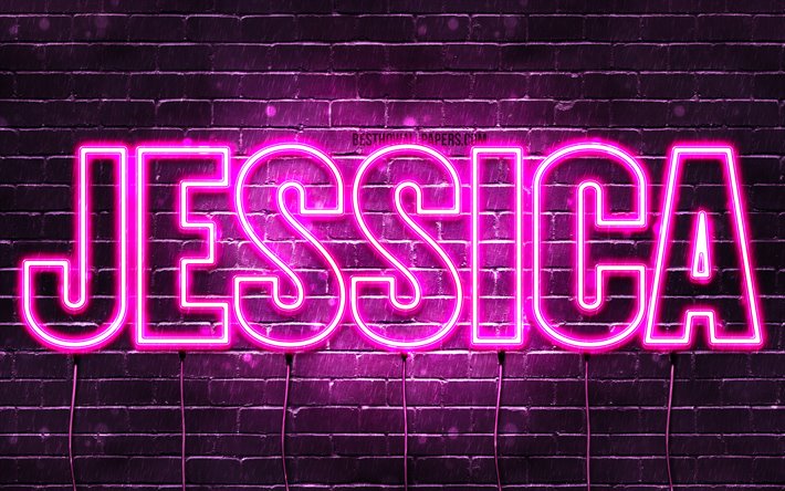 Jessica, 4k, wallpapers with names, female names, Jessica name, purple neon lights, horizontal text, picture with Jessica name