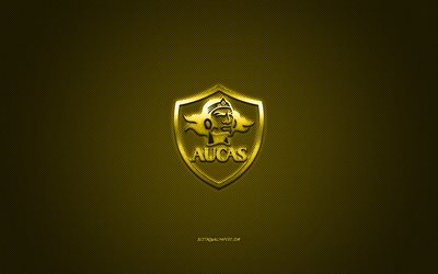 SD Aucas, club de f&#250;tbol Ecuatoriano, Ecuatoriano de la Serie a, el logo amarillo, amarillo de fibra de carbono de fondo, f&#250;tbol, Quito, Ecuador, SD Aucas logotipo
