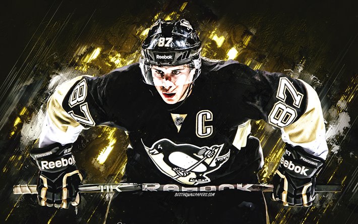Sidney Crosby, Pittsburgh Penguins, Canadian hockey player, NHL, hockey, USA, National Hockey League, yellow stone background