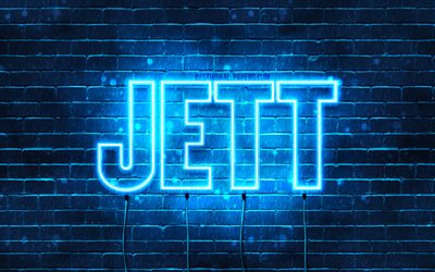 Jett, 4k, adları Jett adı ile, yatay metin Jett adı, mavi neon ışıkları, resimli duvar kağıtları