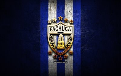 Pachuca FC, golden logo, Liga MX, blue metal background, football, CF Pachuca, mexican football club, Pachuca logo, soccer, Mexico