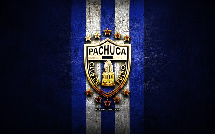 Download wallpapers Pachuca FC, golden logo, Liga MX, blue metal