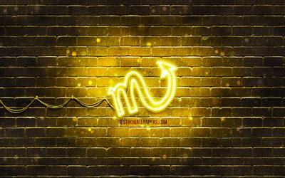 scorpio neon-zeichen, 4k, gelb brickwall, kreative kunst, sternzeichen, skorpion sternzeichen symbol, skorpion, astrologie, tierkreis-neon-zeichen
