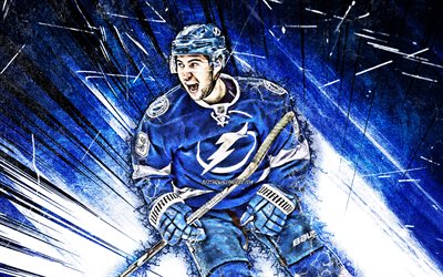 Tyler Johnson, NHL, grunge arte, Tampa Bay Lightning, estrelas do h&#243;quei no gelo, azul resumo raios, jogadores de h&#243;quei, h&#243;quei, EUA