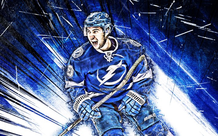 Tyler Johnson, de la LNH, grunge art, Lightning de Tampa Bay, des &#233;toiles du hockey, abstrait bleu rayons, les joueurs de hockey, de hockey, &#233;tats-unis