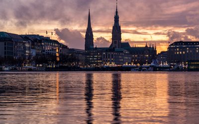 Hamburg, 4k, german cities, Alster River, Europe, Germany, Hamburg at evening