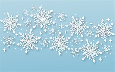 winter texture, blue background with white snowflakes, winter background, paper white snowflakes, blue winter background
