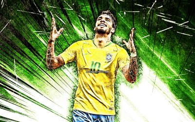 Lucas Paqueta, Brazil National Team, grunge art, soccer, Lucas Tolentino Coelho de Lima, footballers, green abstract rays, Brazilian football team