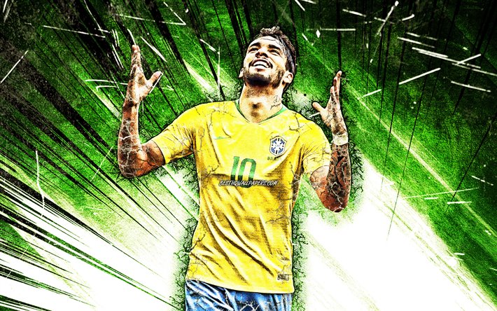 Lucas Paqueta, Brezilya Milli Takımı, grunge sanat, futbol, Lucas Rahat Coelho de Lima, futbolcular, yeşil soyut ışınları, Brezilya futbol takımı