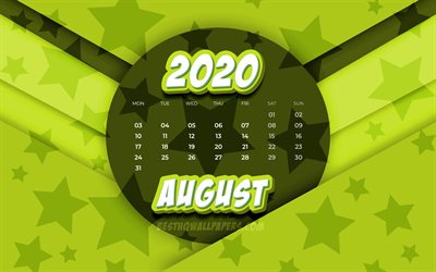 Augusti 2020 Kalender, 4k, komiska 3D-konst, 2020 kalender, sommaren kalendrar, Augusti 2020, kreativa, stj&#228;rnor m&#246;nster, Augusti 2020 kalender med stj&#228;rnor, Kalender Augusti 2020, gul bakgrund, 2020 kalendrar
