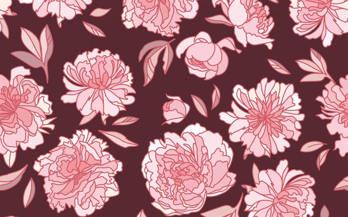 retro texture with pink flowers, retro peonies texture, red retro floral background, pink flowers background, peonies, retro flowers texture