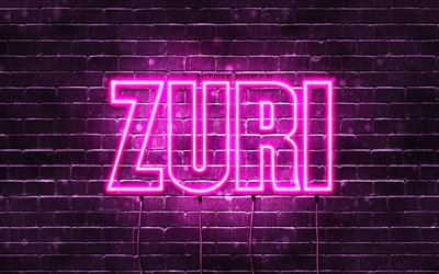 Zuri, 4k, wallpapers with names, female names, Zuri name, purple neon lights, horizontal text, picture with Zuri name