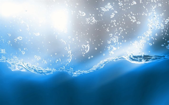 sous l&#39;eau, des bulles, des vagues, de l&#39;eau bleue d&#39;arri&#232;re-plan, les textures de l&#39;eau