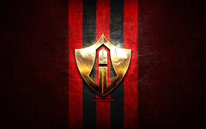 Atlas FC, de oro logo, Liga MX, de metal rojo de fondo, el f&#250;tbol, el FC Atlas, mexicana de f&#250;tbol del club, Atlas, logo, futbol, M&#233;xico