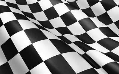 checkered flag, 4k, checkered silk flag, black and white flag, finish flag, flag with cells