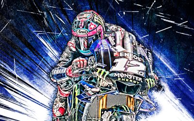 Maverick Vinales, MotoGP, grunge art, 2019 bikes, Yamaha YZR-M1, blue abstract rays, racing bikes, Monster Energy Yamaha MotoGP, Yamaha, Maverick Vinales Ruiz