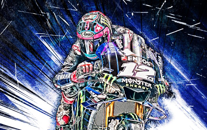Maverick Vinales, MotoGP, grunge art, 2019 motos, Yamaha YZR-M1, abstrait bleu rayons, v&#233;los de course, Monster Energy Yamaha MotoGP, Yamaha, Maverick Vinales Ruiz